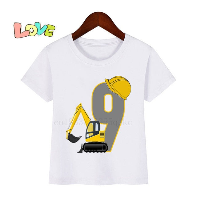 Baby Kids Excavator Birthday Number Name Print T Shirt Children Birthday T-shirts Boy&Girl Funny Gift Tshirt Present