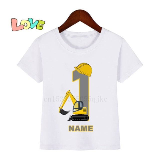 Baby Kids Excavator Birthday Number Name Print T Shirt Children Birthday T-shirts Boy&Girl Funny Gift Tshirt Present