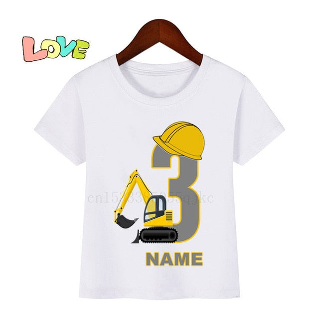 Baby Kids Excavator Birthday Number Name Print T Shirt Children Birthday T-shirts Boy&Girl Funny Gift Tshirt Present