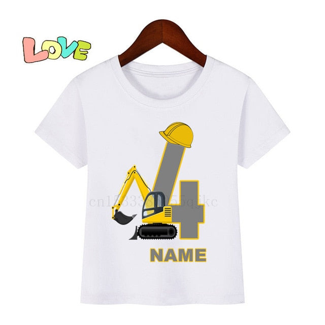 Baby Kids Excavator Birthday Number Name Print T Shirt Children Birthday T-shirts Boy&Girl Funny Gift Tshirt Present