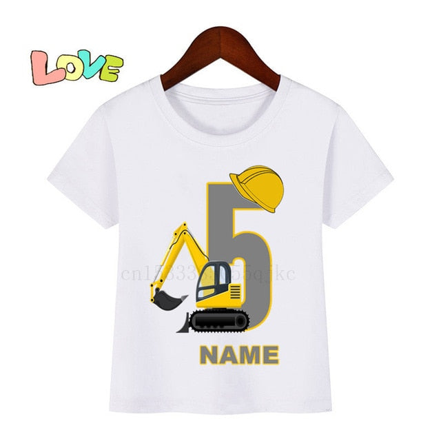 Baby Kids Excavator Birthday Number Name Print T Shirt Children Birthday T-shirts Boy&Girl Funny Gift Tshirt Present