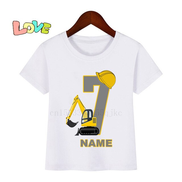 Baby Kids Excavator Birthday Number Name Print T Shirt Children Birthday T-shirts Boy&Girl Funny Gift Tshirt Present