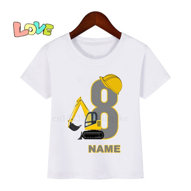 Baby Kids Excavator Birthday Number Name Print T Shirt Children Birthday T-shirts Boy&Girl Funny Gift Tshirt Present