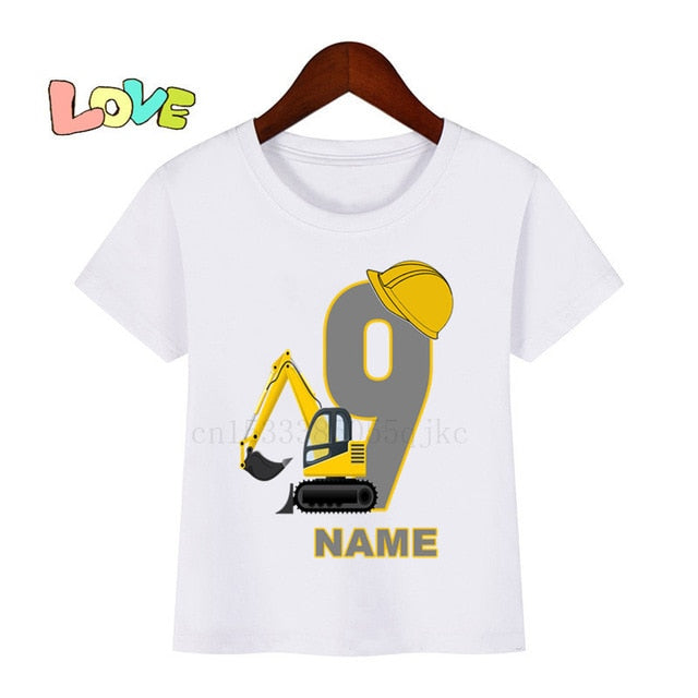 Baby Kids Excavator Birthday Number Name Print T Shirt Children Birthday T-shirts Boy&Girl Funny Gift Tshirt Present