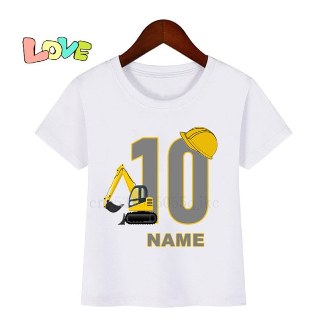 Baby Kids Excavator Birthday Number Name Print T Shirt Children Birthday T-shirts Boy&Girl Funny Gift Tshirt Present