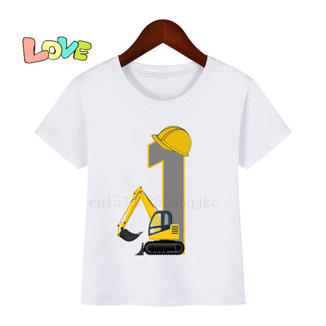 Baby Kids Excavator Birthday Number Name Print T Shirt Children Birthday T-shirts Boy&Girl Funny Gift Tshirt Present