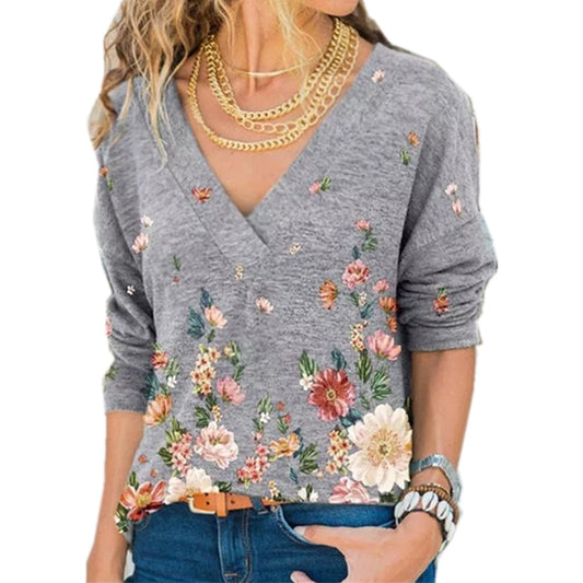 New Fashion Women's V-neck Flower Print Long-sleeved Casual Loose T-shirt Plus Size