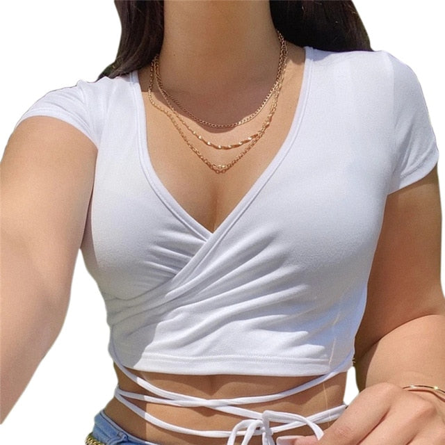 2021 Summer Solid V Neck T Shirts Women Short Sleeve Short Tops Crop Tops Ladies Casual Tops Tees Female Shirts White Pink