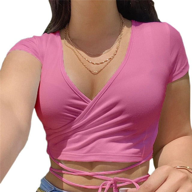 2021 Summer Solid V Neck T Shirts Women Short Sleeve Short Tops Crop Tops Ladies Casual Tops Tees Female Shirts White Pink