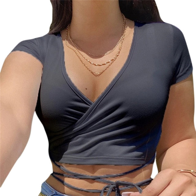 2021 Summer Solid V Neck T Shirts Women Short Sleeve Short Tops Crop Tops Ladies Casual Tops Tees Female Shirts White Pink