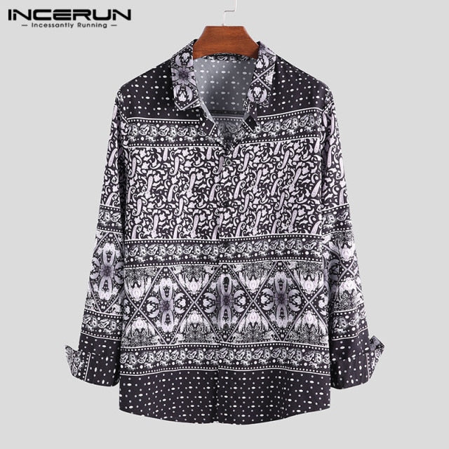 INCERUN 2021 Ethnic Style Printed Shirt Men Lapel High Street Button Vintage Camisa Long Sleeve Mens Brand Hawaiian Shirts S-5XL