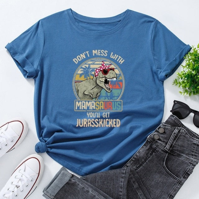 Summer Cotton Women T Shirt  5XL Plus Size Dinosaur Letters Print Short Sleeve Graphic Tee Tops Casual O-Neck Female TShirt