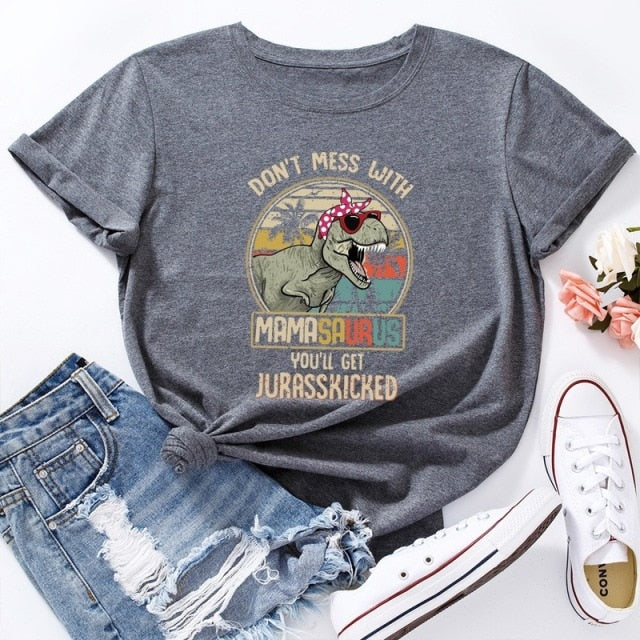 Summer Cotton Women T Shirt  5XL Plus Size Dinosaur Letters Print Short Sleeve Graphic Tee Tops Casual O-Neck Female TShirt