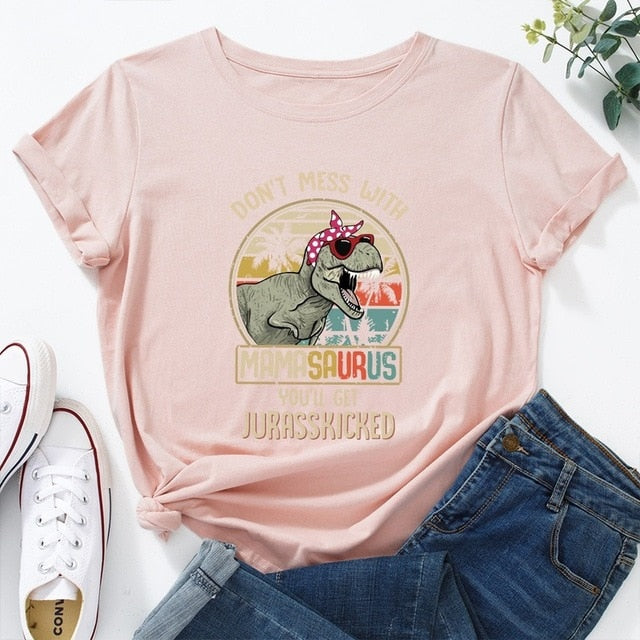 Summer Cotton Women T Shirt  5XL Plus Size Dinosaur Letters Print Short Sleeve Graphic Tee Tops Casual O-Neck Female TShirt