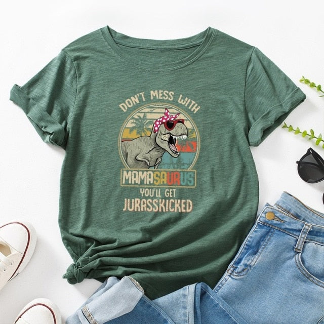 Summer Cotton Women T Shirt  5XL Plus Size Dinosaur Letters Print Short Sleeve Graphic Tee Tops Casual O-Neck Female TShirt