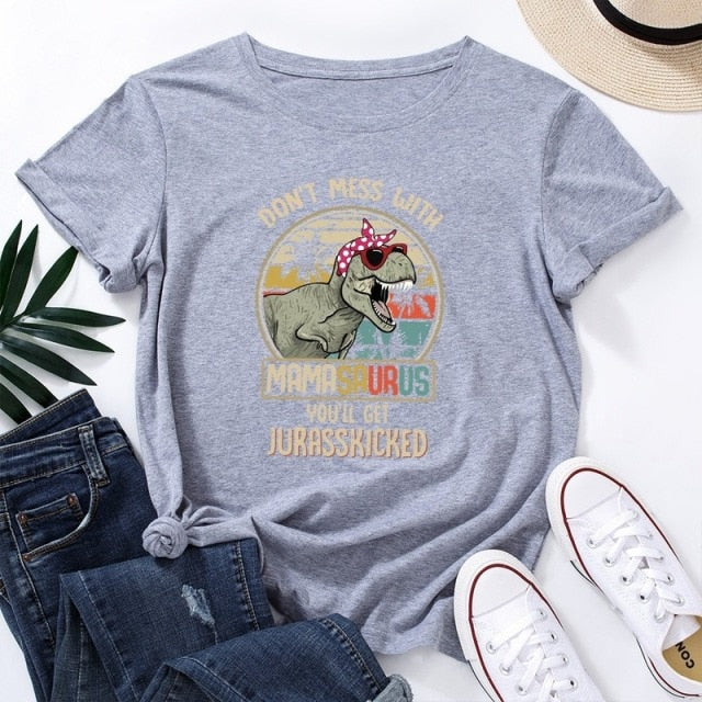 Summer Cotton Women T Shirt  5XL Plus Size Dinosaur Letters Print Short Sleeve Graphic Tee Tops Casual O-Neck Female TShirt