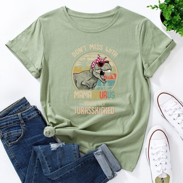 Summer Cotton Women T Shirt  5XL Plus Size Dinosaur Letters Print Short Sleeve Graphic Tee Tops Casual O-Neck Female TShirt