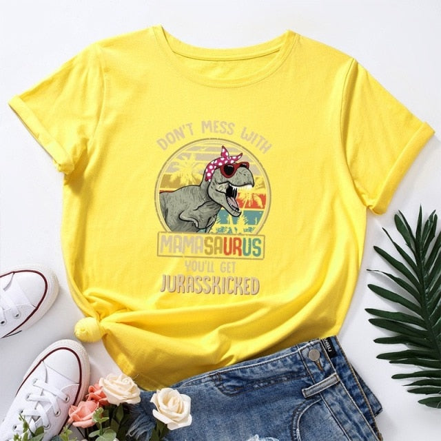 Summer Cotton Women T Shirt  5XL Plus Size Dinosaur Letters Print Short Sleeve Graphic Tee Tops Casual O-Neck Female TShirt