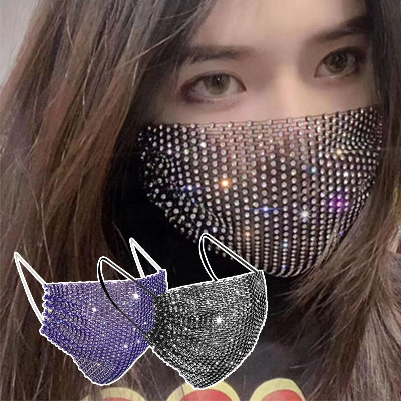 Shiny Rhinestone Mask Face Decor Jewelry Bling Elastic Fashion Jewelry Masks  маска
