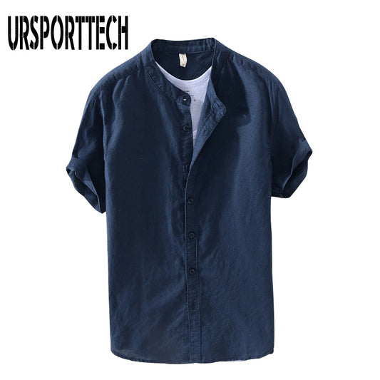 URSPORTTECH 2021 Summer New Vintage Mens Shirt Cotton Linen Loose Casual Solid Short Sleeve Button Tops Harajuku Brand Blouse