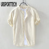 URSPORTTECH 2021 Summer New Vintage Mens Shirt Cotton Linen Loose Casual Solid Short Sleeve Button Tops Harajuku Brand Blouse