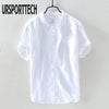 URSPORTTECH 2021 Summer New Vintage Mens Shirt Cotton Linen Loose Casual Solid Short Sleeve Button Tops Harajuku Brand Blouse