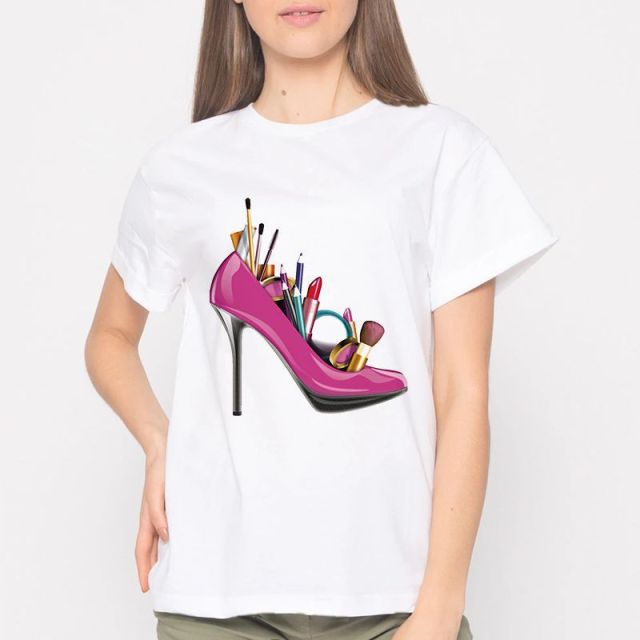 Women High Heels Print Tee Shirt Female Clothes