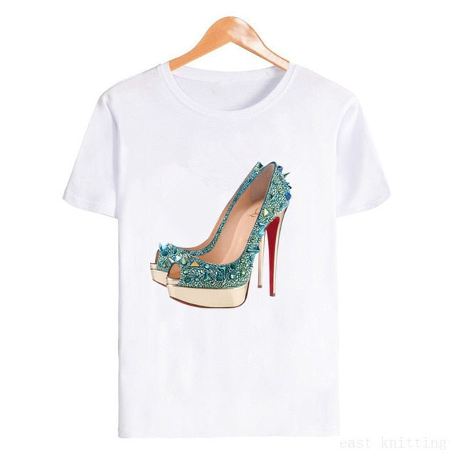 Women High Heels Print Tee Shirt Female Clothes