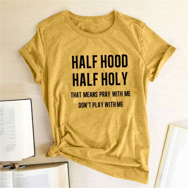 Half Hood Half Holy Letter Print Women T-shirts Harajuku Short Sleeve Femme T-shirt for Ladies Clothes Casual Loose Tops