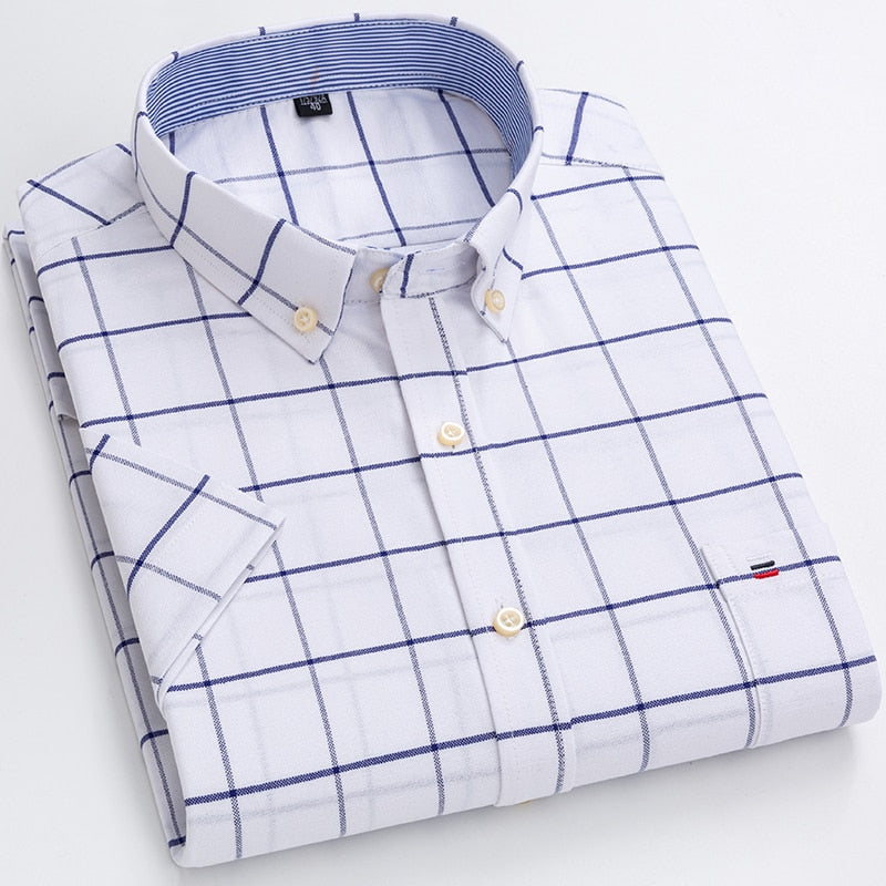 Men's Summer Casual Short Sleeve 100% Cotton Thin Oxford Shirt Single Patch Pocket Standard-fit Button-down Plaid Striped Shirts