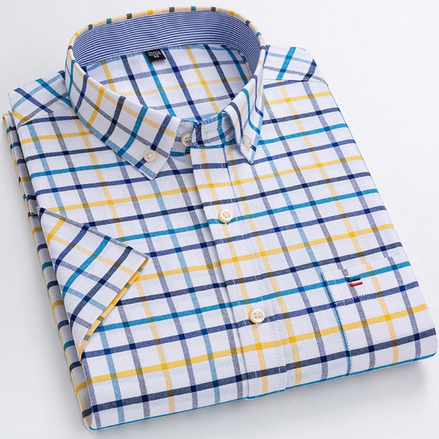 Men's Summer Casual Short Sleeve 100% Cotton Thin Oxford Shirt Single Patch Pocket Standard-fit Button-down Plaid Striped Shirts