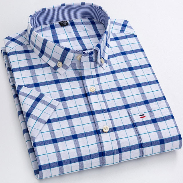 Men's Summer Casual Short Sleeve 100% Cotton Thin Oxford Shirt Single Patch Pocket Standard-fit Button-down Plaid Striped Shirts