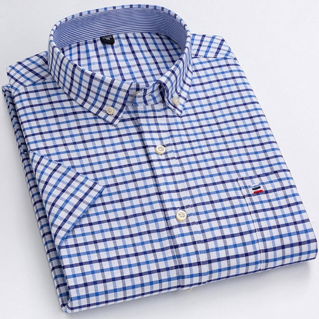 Men's Summer Casual Short Sleeve 100% Cotton Thin Oxford Shirt Single Patch Pocket Standard-fit Button-down Plaid Striped Shirts